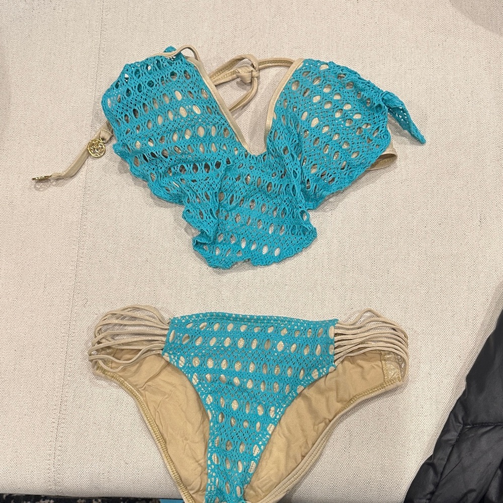 Luli Fama Turquoise and Beige Crochet Bikini